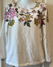 Joules White Floral Cotton Long Sleeve Top - 10