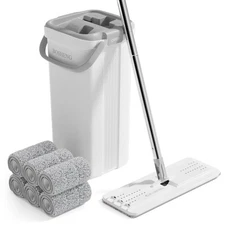 Mop and Bucket with Wringer Set, Flat Floor Mop and Bucket for Home, Includes...