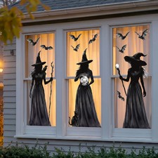 Halloween Decorations Window Clings, 3 Large Witch Window Decals Double Sided Wi