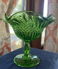 Vintage Green Glass Compote Pedestal Base Nut Bowl Swirl Design Ruffle Edge