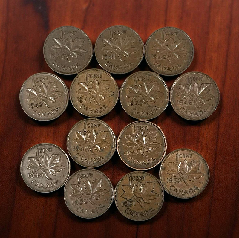 Lot of 13 CANADA Small One Cent Penny Coins George ALL DIFFERENT DATES 1940-1952