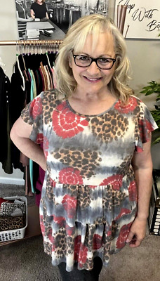 Heimish Womens Top XL BabyDoll Tie Dye Leopard Red Gray Black Short sleeve NEW