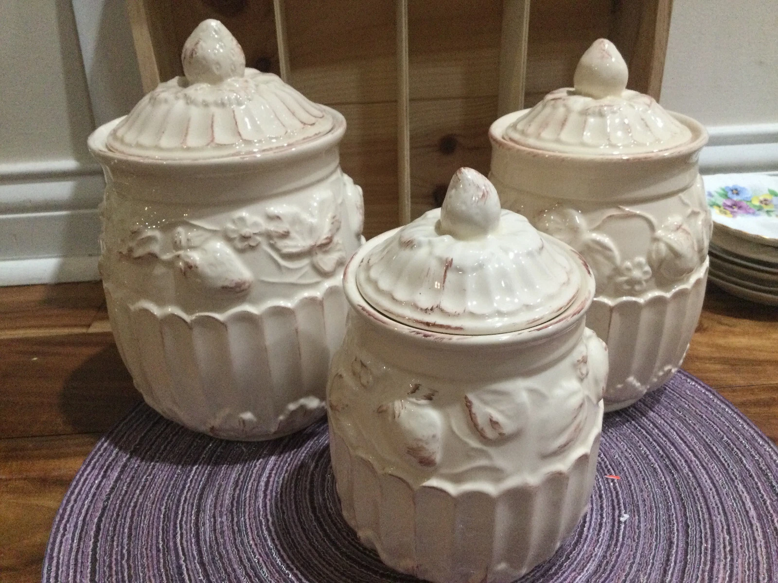 Casafina "Morangos" RARE set of three Canisters embossed fruit strawberry