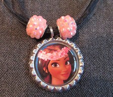 Moana Ribbon Bottle Cap Bling Charm Necklace Pink Beads Ocean Maui Polynesia