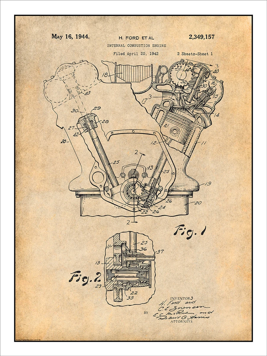 1942 Henry Ford Internal Combustion Engine Patent Print Art Drawing Poster  | eBay