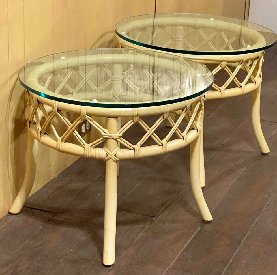 Vintage Ficks Reed Bamboo And Rattan Glass Top Side Tables—A Pair - Image 4 of 4