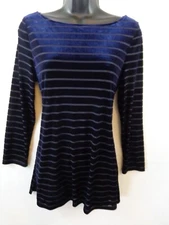 Lauren Ralph Lauren Blouse Women's PM Blue Velvet 3/4 Sleeve Stripes