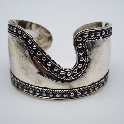 DELL Bead Modernist Abstract - Sterling Silver 925 Wide Cuff Bangle -  6.8''