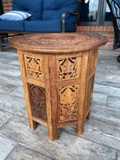 Rare 1930s C Hardwood Carved Octagonal- Folding Side Accent Table- Made in India