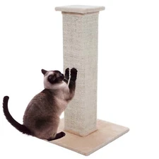 Cat Scratching Post with Carpeted Base - 27.75-Inch Beige Sisal Burlap Fabric