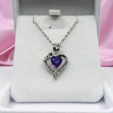 Heart Pendant Necklace with Rose Detail And Purple Cubic Zirconia Jewelry