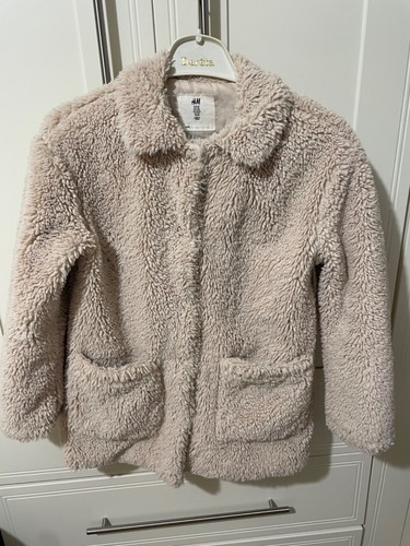 h&m cream / off white shearling fluffy jacket 140cm age 9-10 / petite 4 & 6 - Picture 2 of 8