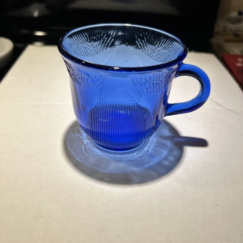 Vintage Fortecrista Mexico 8 oz Cobalt Blue Sunflower Glass Coffee Tea Mug Cup
