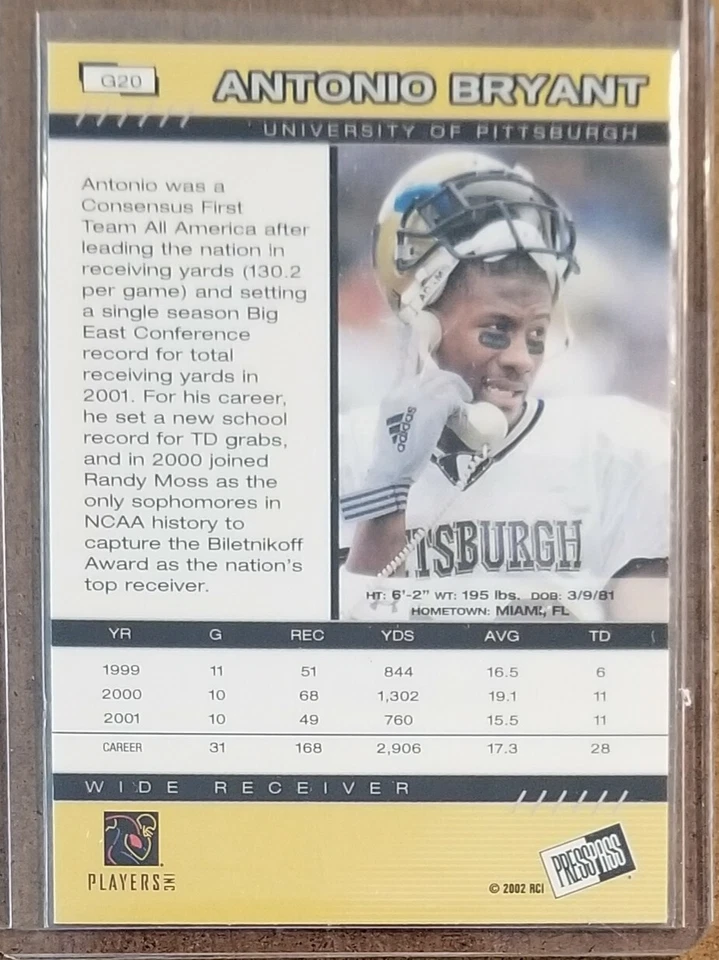 2002 Press Pass Gold Zone #G20 Antonio Bryant Pittsburgh Panthers Football Card - Image 2 of 2