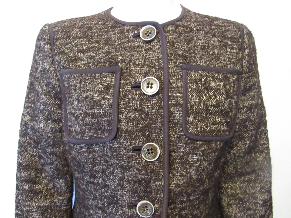 Chaqueta Blazer W BY WORTH Tweed Lino Lana Talla 6 Marrón jaspeado Forrado Cuello Redondo  Foto 2 de 4