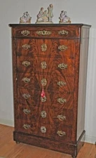 CROTCH MAHOGANY MARBLE TOP FAUX CHEST CABINET.  Wood/drying cracks and abrasion