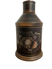 20th Century Vintage Tole Painted Floral Tin Tea Canister Jar Lamp Brown 27”