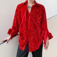 Men Sequin Long Sleeve Shirt Button Down Loose with Strap Top Glitter Casual Bar