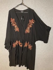 City Chic Tunic Seville Dress Size XL 22 Faux Wrap Floral Embroidered Black Boho