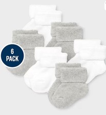 Bundles Baby Place 6 pack size 0-6M Newborn Turn Cuff Socks Gray/White Multipack
