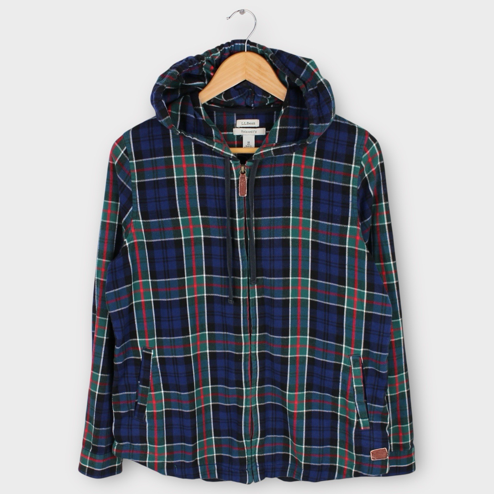 L.L.Bean Men's Relaxed Fit Plaid Flannel Zip-Up Hoodie Jacket Size M