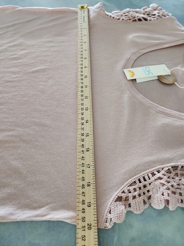 C&C California Top L Blush Prink Crochet Cap Sleeve Round Neck Cotton Blouse New - Picture 11 of 12