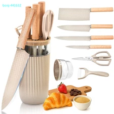 7-Piece Kitchen Knife Set, Sharp Anti-Rust Chef & Meat Knives with Block, Khaki