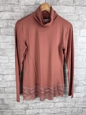 Sundance Elan Peachy Coral Long Sleeve Turtleneck With Lace Hem Detail Size M