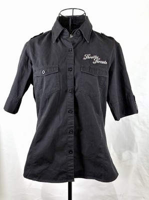 Throttle Threads ST77 Black Graphic Motorcycle Button-Up Shirt Men's Large