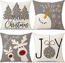 4Pack Christmas Pillow Cover 18x18 Snowman Deer Tree Holiday Throw Cushion Decor