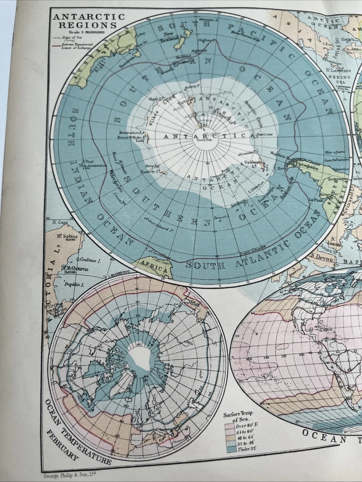 1910: Mapa de las regiones árticas antárticas región temperatura del océano impresión PSA #4A C Foto 2 de 4