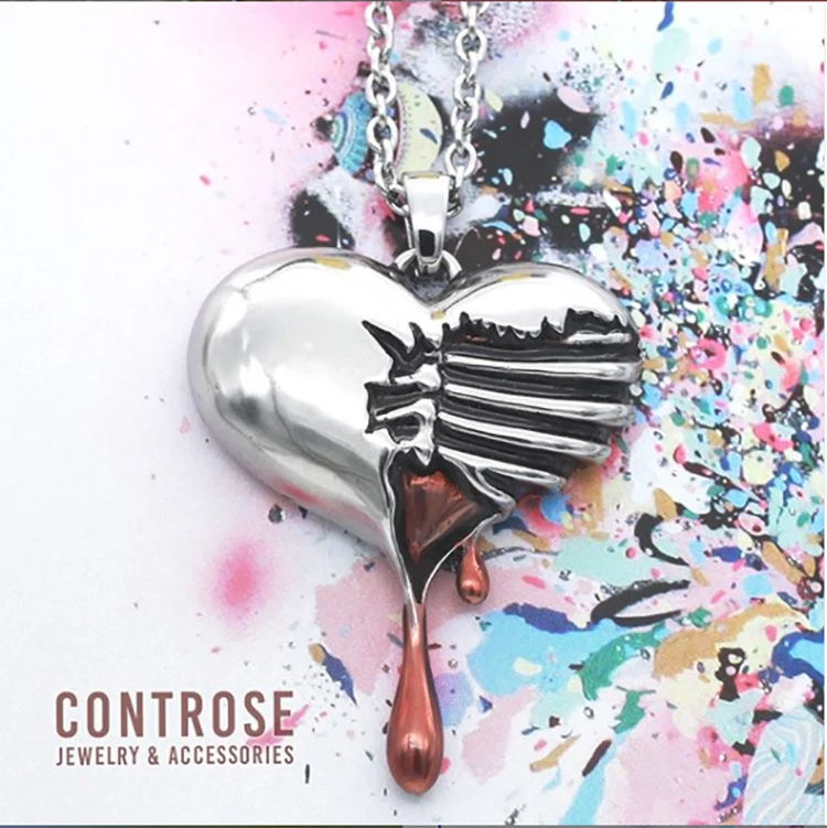 Skeletone Bleeding Heart Pendant Necklace Red Rib Cage Stainless steel Necklace - Image 2 of 4