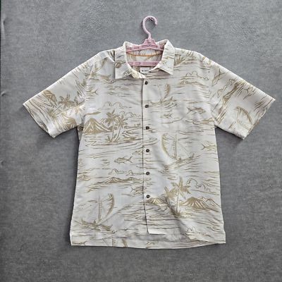 Quiksilver Waterman Men Button Up Shirt L Beige Fish Boats Palms Hawaiian Collar