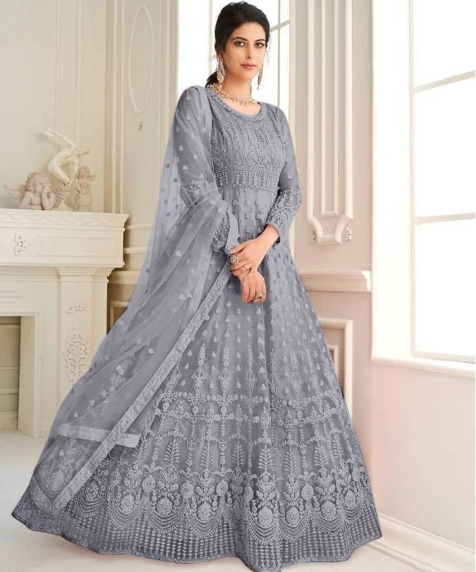 Shafnufab Blue Embroidered Semi-Stitched Anarkali Suit – Shafnu Fab