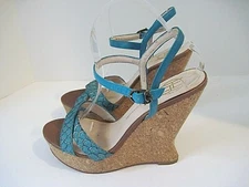 House of Harlow Teal Gold Leather Wedge Cork Heel Ankle Strap Size 38.5 