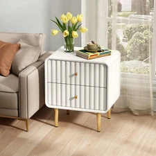 Nightstand With 2 Drawers Fluted Bed Side Table With Gold Metal Handle Modern US