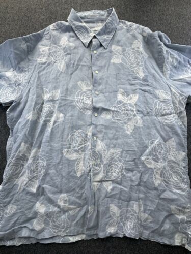 Burma Bibas Shirt Mens XX-Large Blue White Floral Button Down Linen Hawaiian