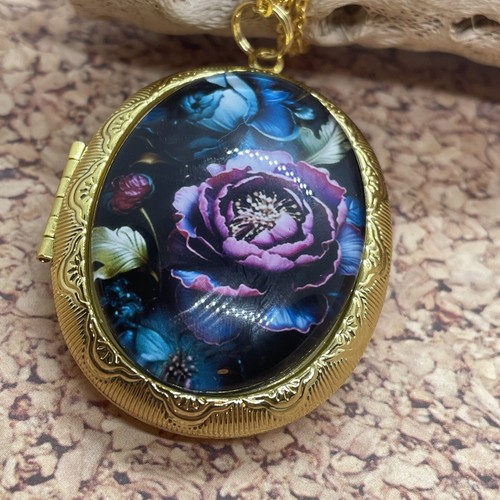 Gold Photo Locket Wedding Keepsake Ash Urn Locket Purple Flower Teal Necklace - Picture 8 of 11