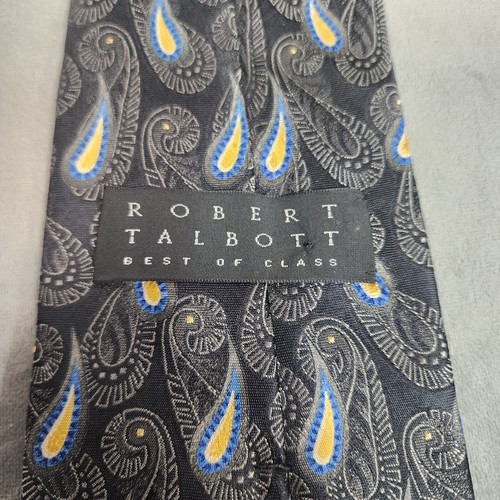 Robert Talbott 100% Silk Best of Class Blue Yellow Paisleys on Black 58" x 4" - Picture 3 of 8