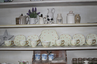 RAR Vintage English Tea Party Set Fine Bone China Polka Dot Tasse Untertasse Trio,