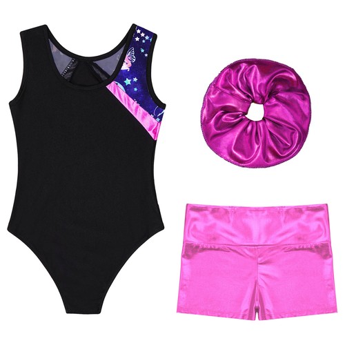Kids Girl's Jumpsuit And Bottoms Hair Tie Sport Leotard Boyshorts Set One-Piece - Picture 20 of 27