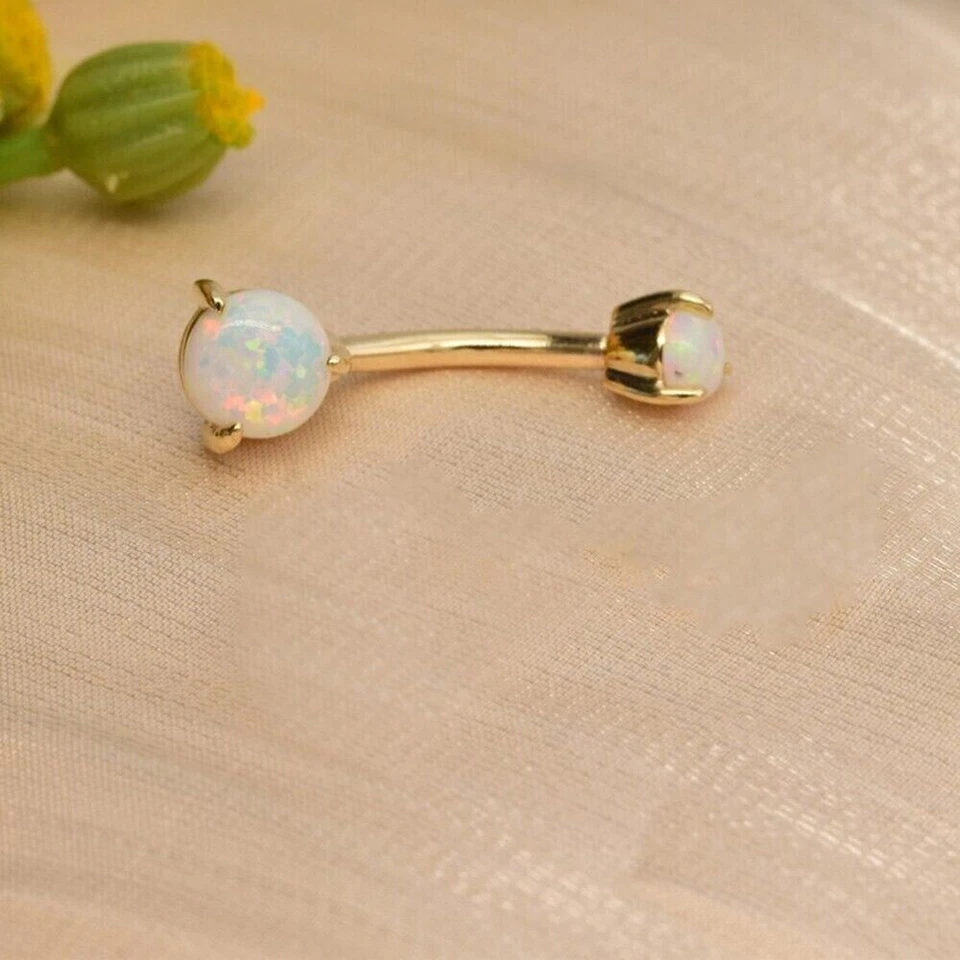 Impresionante Anillo Vientre Elegante Corte Redondo Ópalo de Fuego Simulado Chapado en Oro Amarillo 14K Foto 2 de 4