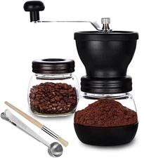 Manual coffee bean grinder, 2 glass jars (11oz each) with stainless steel handle
