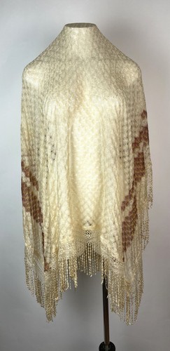 Antique 1920s Shawl Wrap Ivory eyelet 48" X 52" with Fringe - Some Damage