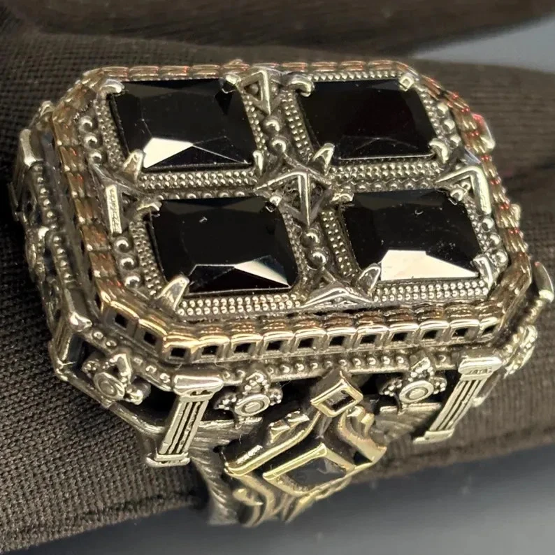 Sterling Silver Black Onyx Cross Ring: Art Deco Bronze Accent Turkish Design - Image 4 of 4