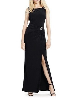 Lauren Ralph Lauren Black Formal Maxi Dress Evening Brooch Crystals Long Gown 8