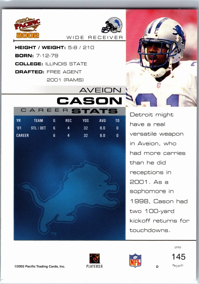 2002 Pacific #145 Aveion Cason Premiere Date /36 Detroit Lions - Image 2 of 2