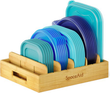 Bamboo Lid Organizer, Kitchen Pantry Lids Holder with 5 Adjustable Dividers for