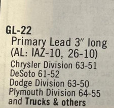 GP GUARANTEED PARTS GL-22 DISTRIBUTOR LEAD