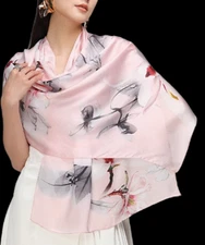 100% Silk Scarf Women neckerchief long Shawl Wrap floral pink red gray MY200-13
